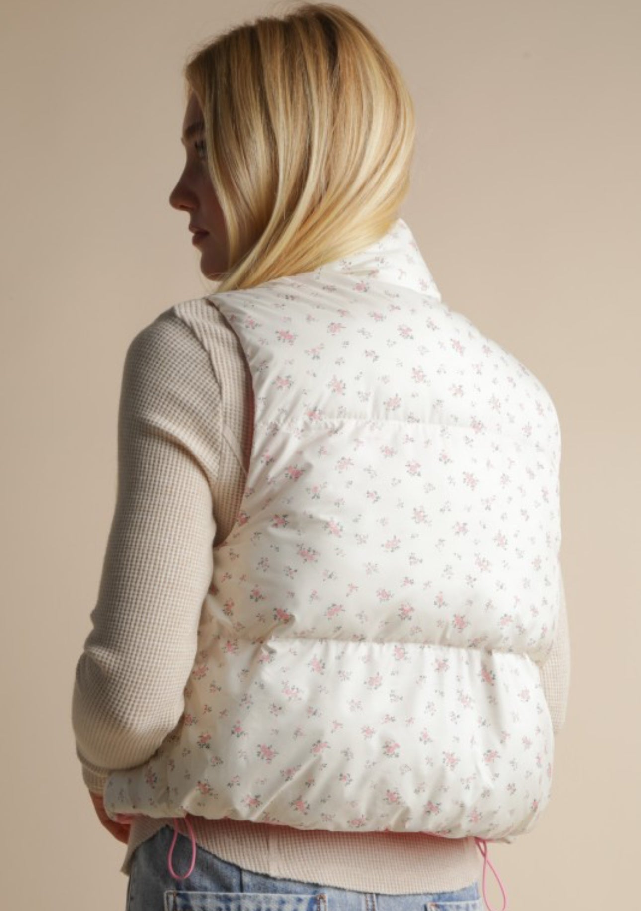 Pink Floral Cropped Puffer Vest