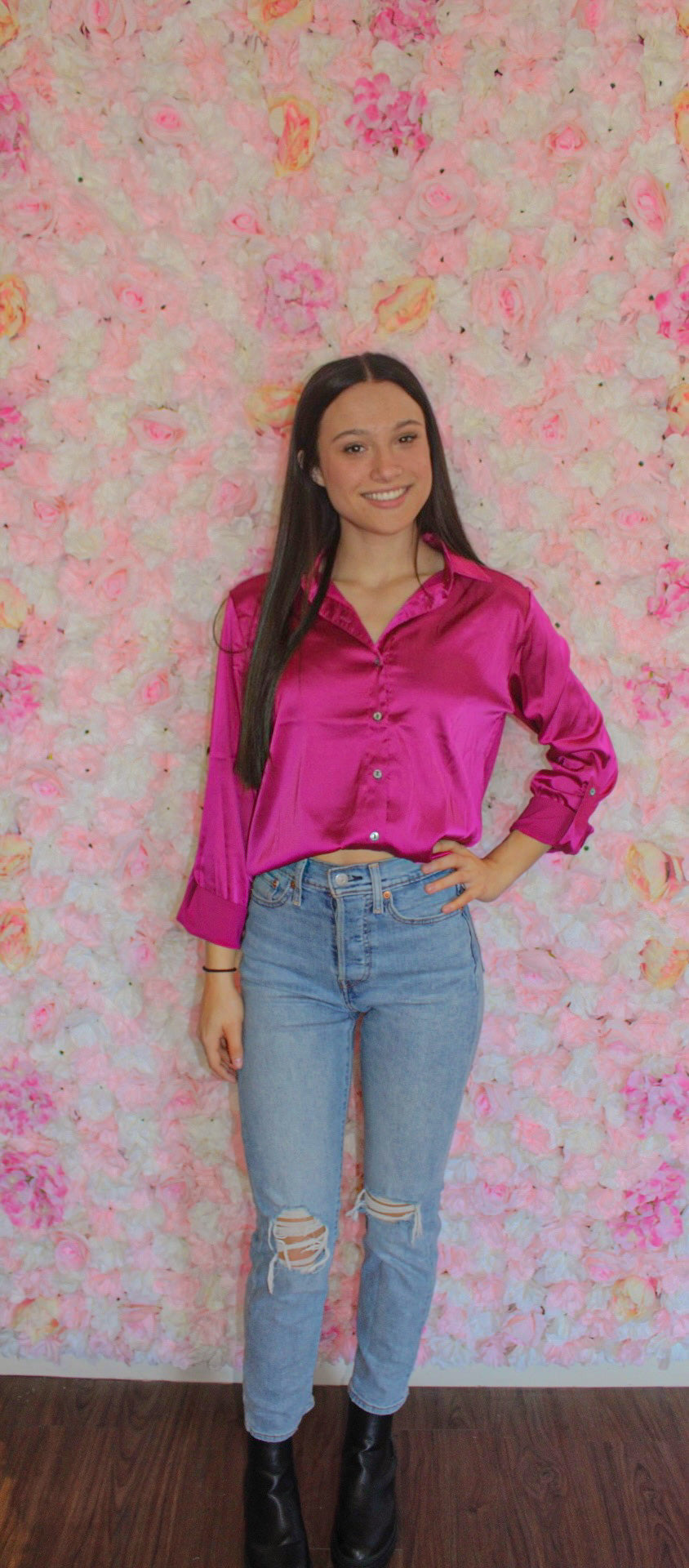 Satin Button Down Magenta