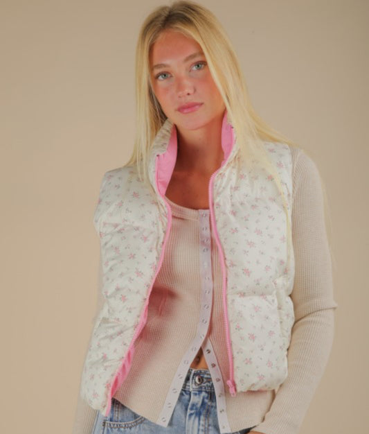 Pink Floral Cropped Puffer Vest