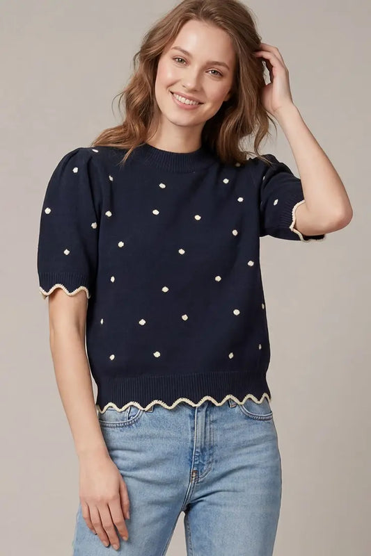 Navy Polkadot Scalloped Sweater