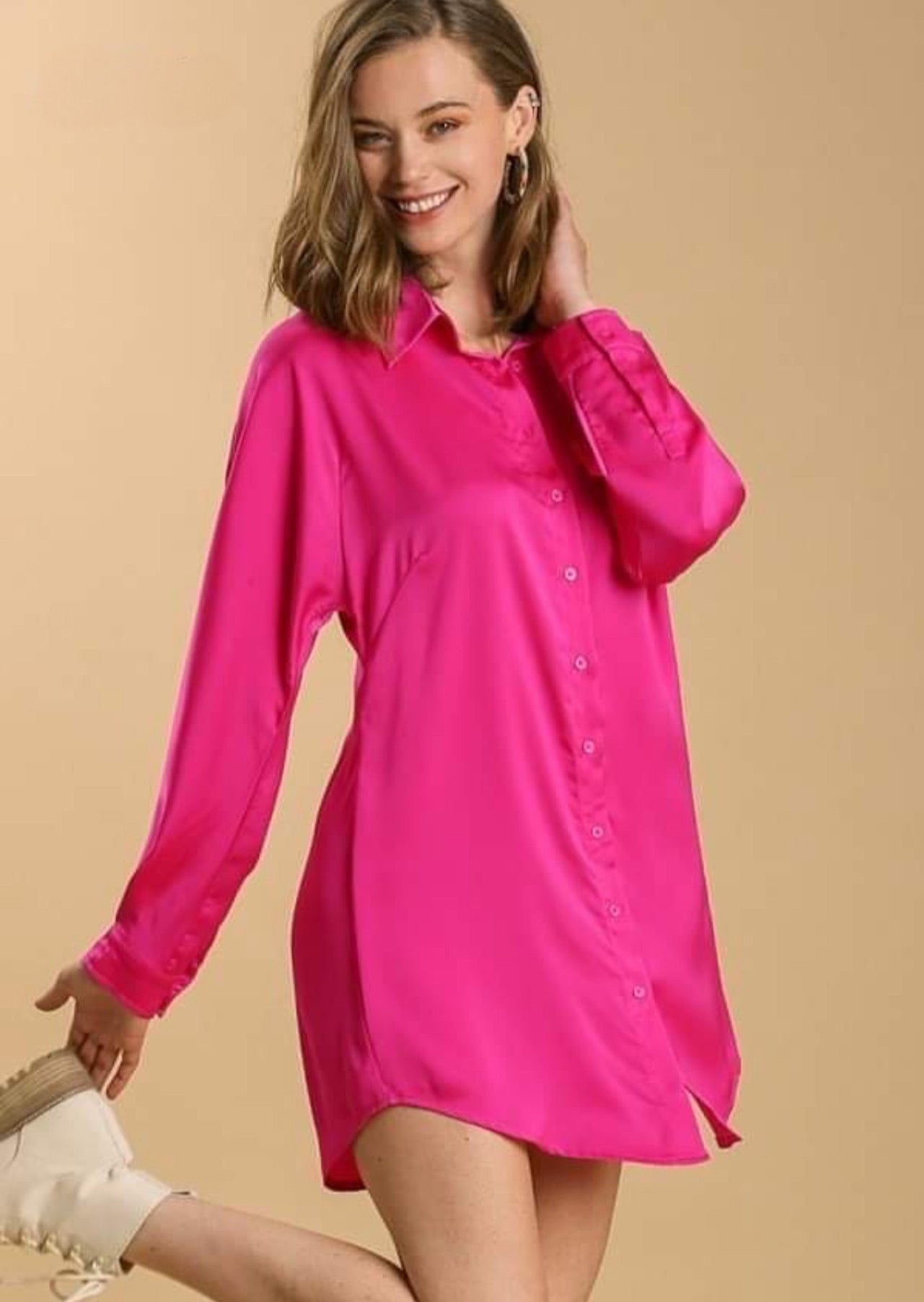 Pink Satin Button Up Dress